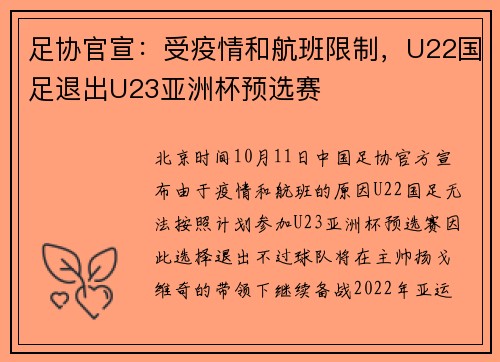 足协官宣：受疫情和航班限制，U22国足退出U23亚洲杯预选赛