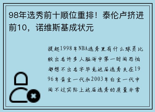 98年选秀前十顺位重排！泰伦卢挤进前10，诺维斯基成状元